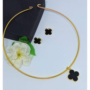 Imagem de kit Colar Choker aro liso Rigído Par de Brincos antialérgico com Pingente Flor trevo Rosa Verde Branco Tendência Fashion