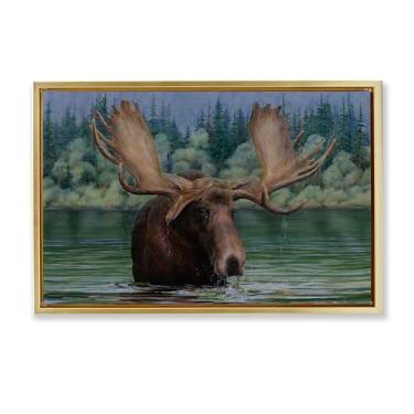 Imagem de Stupell Industries Arte de parede em tela emoldurada Moose Swimming in Lake Gold Floater por Valerie Rogers, 78 x 53 cm