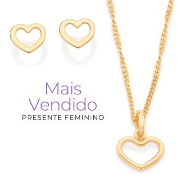 Imagem de Cordão + Pingente E Brincos Coração Vazado Rommanel Banhados A Ouro 18