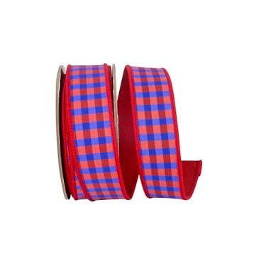 Imagem de Reliant Ribbon Blue Check Deluxe Red Dupioni Backed Fita de borda com fio