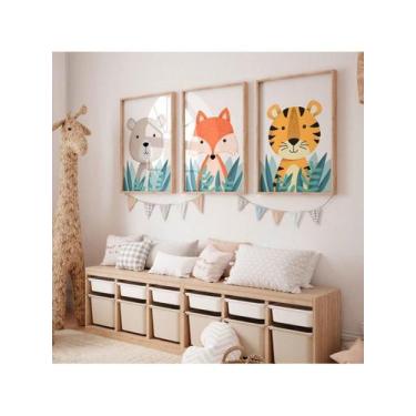 Imagem de Kit 3 placas Infantis Animais Urso Raposa e Tigre  Para Quarto bebê - 