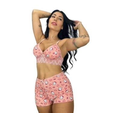 Imagem de Kit com até 5 Short Doll Lara Feminino Estampado em Suede e Renda, GG,
