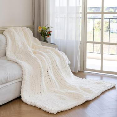 Imagem de Larexius Cobertor de malha grossa - Cobertor luxuoso macio e aconchegante de 50 x 60, cobertor 100% tecido com nó de corda para sofá, decoração de casa, presente - lavável na máquina (branco leite)