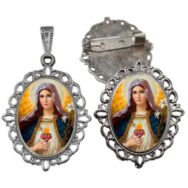 Imagem de Broche com Relicario Cor Prata Coração de Maria Terno Noivo lapela Qua