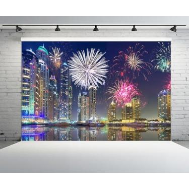 Imagem de CHNYWORK 2,4 x 1,8 m Cidade de Dubai pano de fundo arranha-céus horizonte da cidade cena noturna ano novo fundo feliz ano novo 2025 Emirados Árabes Unidos Dubai aniversário festa de casamento
