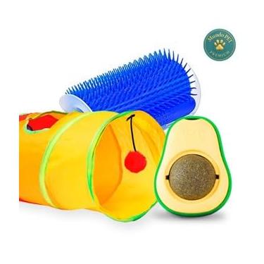 Imagem de Kit 3 Brinquedos Interativos Túnel Para Gato + Abacate com Catnip + Escova de Canto Massageadora