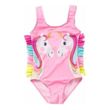 Imagem de Maiô Biquíni Arco Íris Babado Rosa Infantil Verão Unicórnio - Baby Plu