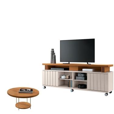 Imagem de Rack Bancada com Mesa de Centro Rivera 1.8 para Tv 70" 180cm em MDF com Portas de Corre...