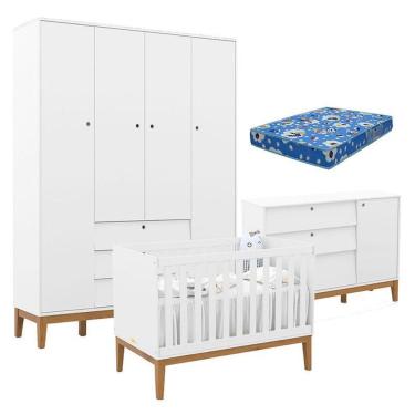 Imagem de Quarto De Bebe Unique 4 Portas Com Cômoda Sapateira Branco Soft Eco Wood E Colchão Ortobom - Matic