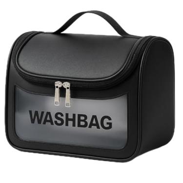 Imagem de Necessaire Feminina Transparente Viagem Bolsa Ideal para Cosméticos Maquiagem Higiene Pessoal Fechamento com Zíper Fácil Acesso Design Moderno Funcional Impermeável (Preto)