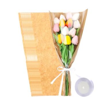 Imagem de HSONAIGEE 50 peças de papel de embrulho de buquê de flores, 40 x 23 x 9,5 cm, sacos de flores para buquês, mangas kraft floral com fitas para casa, dia das mães, casamento, suprimentos para bar de