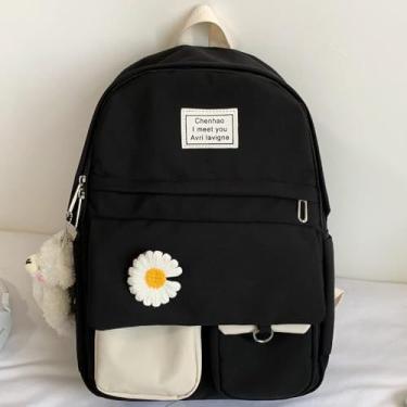 Imagem de Mochila Menina Estudante Universitário Mochila Flor Bonito Nylon Mulheres Mochila Mochila Senhora Mochila Moda Feminina Sacos De Viagem, Black, With Bear pendant