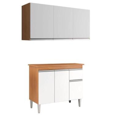 Imagem de Balcão De Cozinha Tatiane Com Tampo 100cm E Armário Aéreo Andréia 3 Portas Amêndoa Branco - Ajl