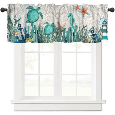 Imagem de Cortina de sanefa tartaruga oceânica, plantas aquáticas náuticas, coral, farol, barco, âncora, tartaruga, estrela-do-mar, animal, cozinha, janela, sanefa, tratamento blackout para quarto, sala de