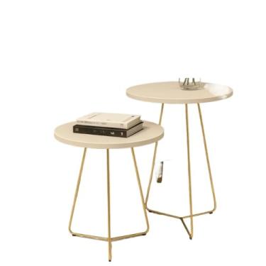 Imagem de Kit 2 Mesas Apoio E Lateral Redonda Pés De Ferro Dourado (Branco)