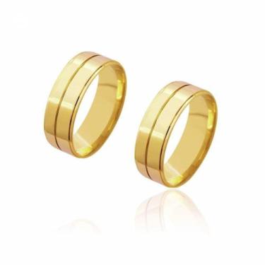 Imagem de Par de Alianças de Casamento Diana Ouro 18K Reta com Friso Central 7mm