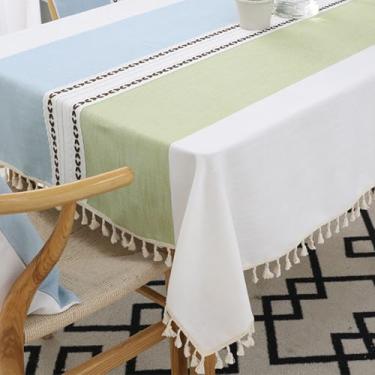 Imagem de KAIJIE Toalha de mesa de jantar minimalista moderna com estampa listrada, imitação de algodão e linho, toalha de mesa de chá para decoração de festa, piquenique, jantar, 100 x 160 cm, azul, branco