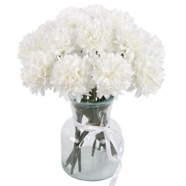 Imagem de INSUNSIX 15 peças de crisântemos artificiais buquê de flores brancas falsas mães com hastes curtas outono seda sintética mães flores para casamento, buquê de outono, decoração de outono, mesa de casa