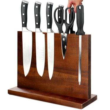 Imagem de Suporte magnético de faca com bloco magnético de dupla face com ímãs fortes e aprimorados, suporte magnético de armazenamento de facas de madeira de acácia com protetor de dedo de aço inoxidável