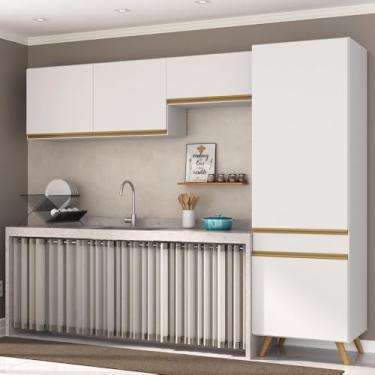 Imagem de Armário Cozinha Modulada Compacta 252cm 3 Peças Retrô Veneza Multimóveis Mp2301 Branco/dourado