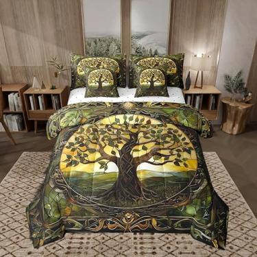 Imagem de Castle Fairy Conjunto de edredom solteiro com árvore da vida, 7 peças, estampa de árvore da natureza abstrata, para meninos e meninas, edredom de cama com arte rústica moderna, 2 fronhas, lençol de