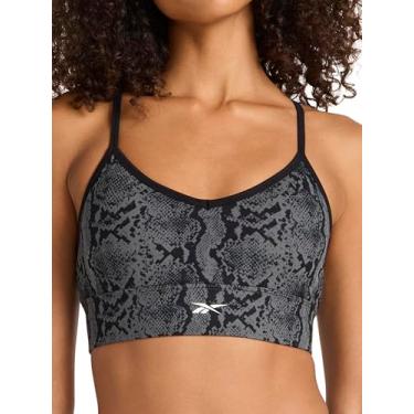 Imagem de Reebok Apparel Sutiã feminino com estampa de cobra Id Train, caimento justo, tecido interloque de poli elástico leve, absorção de umidade, Preto, M