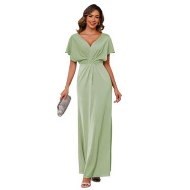 Imagem de Vestido de dama de honra SEIM, elegante, cetim, decote em V, verde sál