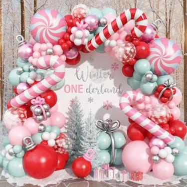 Imagem de Pastel Pink Christmas Balloon Garland Arch Kit, Red Pink Green Snowflake Balloons Candy Cane Peppermint Foil Balloons for Christmas Birthday Baby Shower Decorations Xmas Candyland Nutcracker Party