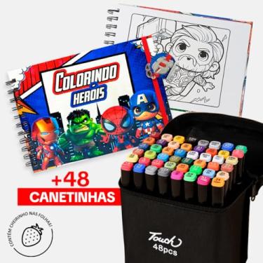 Imagem de Kit de Pintura com 48 Canetinhas Coloridas, Ponta Dupla, Estojo Premium e Livro para Colorir com Desenhos de Super-Heróis Colorindo Heróis,