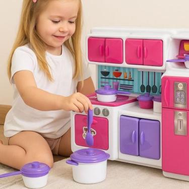 Imagem de Cozinha Infantil Mini Fogão Geladeira Armário Rosa Branca Panelinhas U