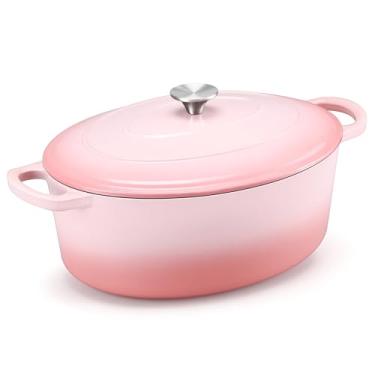 Imagem de E-far Panela de forno holandês oval de ferro fundido esmaltado de 7 litros com tampa, forno holandês antiaderente com alças duplas, panelas resistentes para assar pão de fermento, refogar, ensopados