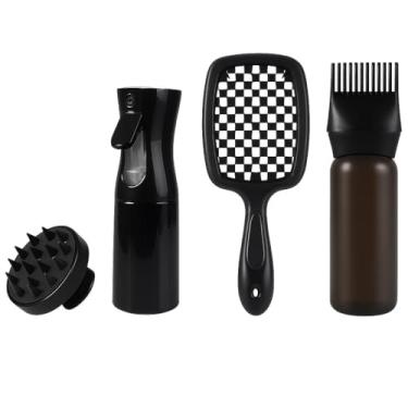Imagem de Conjunto de Escova de Cabelo Profissional, 3 Peças, Preto, Design Quadriculado, com Spray e Pente Massageador