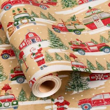 Imagem de Burymento Papel de embrulho de Natal, papel de embrulho Kraft com design de Papai Noel e o carro adequado para o Natal, mini rolo (43 cm x 32,8 pés)