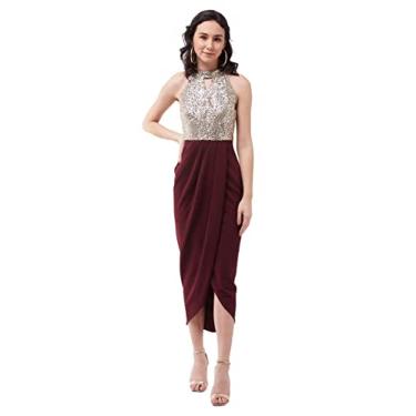 Imagem de Miss Chase Vestido feminino Miss Chase com decote em vinho, sem mangas, liso, adornado, midi (pacote com 1), Vinho, GG