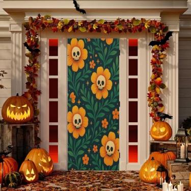 Imagem de Wassud Decoração de capa de porta de flores laranjas com caveiras faixa interna externa decoração de casa de varanda grande decoração de porta da frente 96 x 98 polegadas