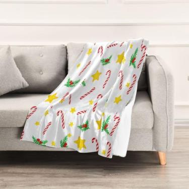 Imagem de Wassud Cobertores e mantas de Natal 152 x 228 cm estrelas e bengalas para sofá, cobertores quentes aconchegantes de lã de pelúcia para cama, sofá, cadeira, decoração de casa