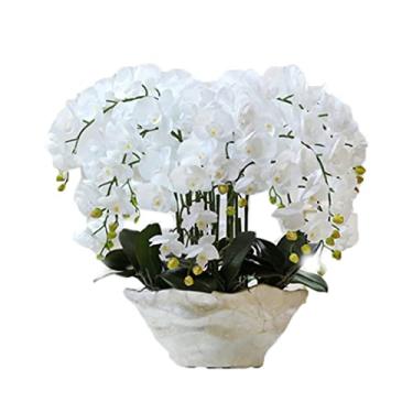 Imagem de Flores artificiais para decoração grandes de alta simulação de orquídeas artificiais, arranjos de flores artificiais de látex Phalaenopsis com vaso de cerâmica