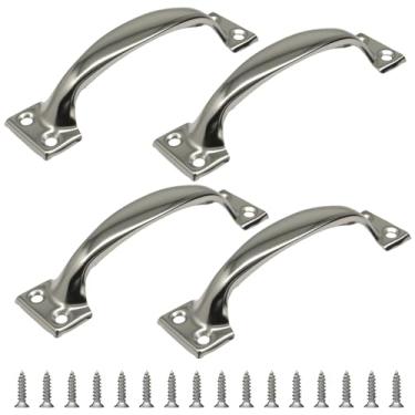 Imagem de Zorveiio 4 maçanetas de porta de celeiro prateadas de 10 cm, puxadores de armário de portão de metal vintage para portas de celeiro, garagens e cercas, puxadores de aço inoxidável com parafusos de
