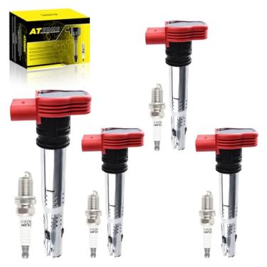 Imagem de ATURMC Conjunto de 4 bobinas de ignição UF529 06E905115E e velas de ignição de irídio compatíveis com Volkswagen VW 2005-2016 A3 A4 A5 R8 A6 A7 Q7 S4 TT 2006-2016 Jetta MK5 MK6 GTI Rabbit Golf Passat