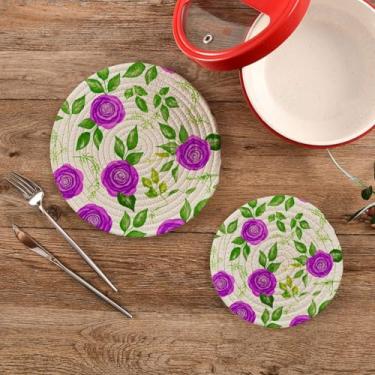 Imagem de CEBUGI Conjuntos de suportes de panela redondos de algodão para panelas quentes resistentes ao calor para cozinhar e assar, 2 peças, rosa roxa