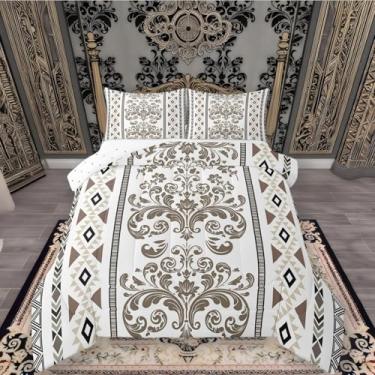 Imagem de ArtfulHome Conjunto de cama King com decoração antiga ocidental marrom oliva damasco - Boho geométrico asteca barroco vintage floral gótico com enchimento, decoração étnica tribal com flecha boêmia