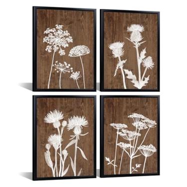 Imagem de Visual Art Decor Arte de parede marrom rústica minimalista impressão em tela botânica casa de banho, quarto, sala de estar, sala de jantar, decoração de parede, 30 x 40 x 4 peças com moldura preta