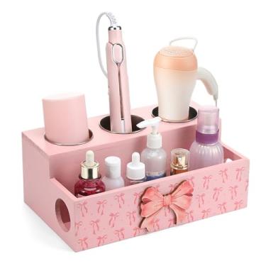 Imagem de Fiwochic Suporte para secador de cabelo com laço rosa montado na parede, suporte de secador de cabelo, bancada, coquete, acessórios de armazenamento de banheiro, ferramentas de decoração, organizador