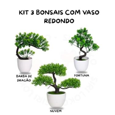 Imagem de Genérico, Kit 3 Bonsais Artificiais Realistas com Vaso Redondo Branco – Nuvem, Fortuna e Barba de Dragão Zen