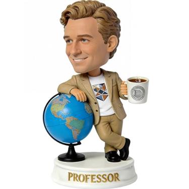 Imagem de Bobblehead de professor personalizado, estatueta de foto em argila personalizada, presente temático de globo mundial e café para professores, lembrança de aniversário/aniversário de professor