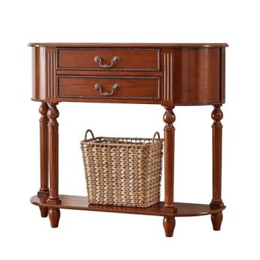 Imagem de Console moderno de meados do século com 2 gavetas, mesa de sofá com prateleira aberta, mesa de entrada estreita, mesa de entrada de madeira de 2 camadas, para sala de estar, corredor, entrada (90 cm)