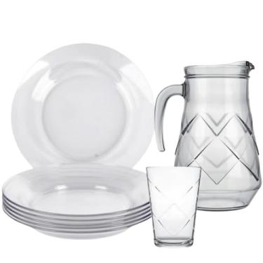 Imagem de Jogo Kit 13 Peças 6 Pratos Fundo Vidro Incolor Astral+06 Copos Maracatu+01 Jarra Maracatu 1,5L