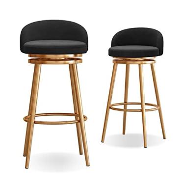 Imagem de Banquetas de barra com altura de balcão, bancos de bar giratórios, conjunto de 2, bancos de balcão para bar Island, banquetas de barra com estrutura de metal com encosto e apoio para os pés