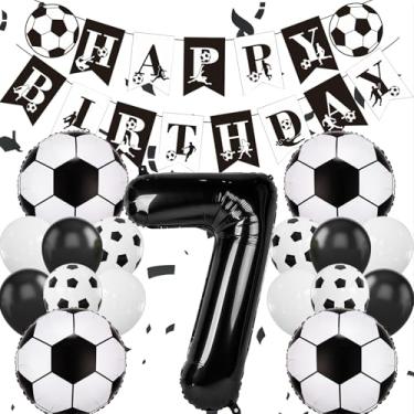 Imagem de Balões de futebol, número de 7 balões pretos de 101 cm, faixa de feliz aniversário de futebol, balão preto branco de 30 cm, decorações de 7º aniversário para meninos