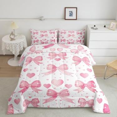 Imagem de Feelyou Conjunto de edredom infantil kawaii rosa com laço e laço de coração, tamanho Queen, decoração de quarto de meninas, edredom estilo princesa sonhadora, conjunto de cama para todas as estações